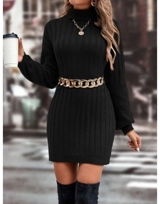 Kadın Uzun Kollu Boğazlı Uzun Balon Kol Triko Mini Elbise