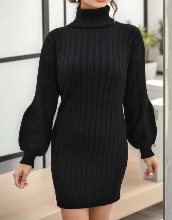 Kadın Uzun Kollu Boğazlı Uzun Balon Kol Triko Mini Elbise