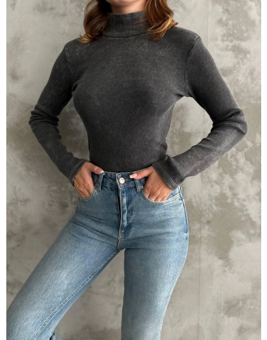 Kadın Uzun Kollu Boğazlı Yaka Asit Yıkamalı Kaşkorse Kumaş Kazak