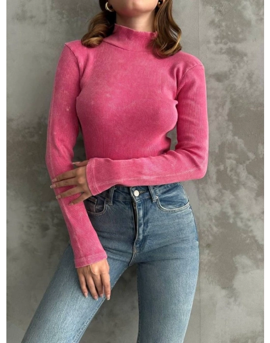 Kadın Uzun Kollu Boğazlı Yaka Asit Yıkamalı Kaşkorse Kumaş Kazak