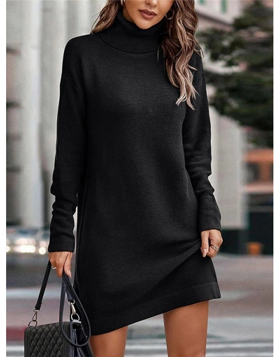 Kadın Uzun Kollu Boğazlı Yaka Yanları Yırtmaç Detay Triko Mini Boy Elbise