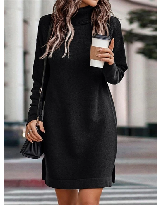 Kadın Uzun Kollu Boğazlı Yaka Yanları Yırtmaç Detay Triko Mini Boy Elbise