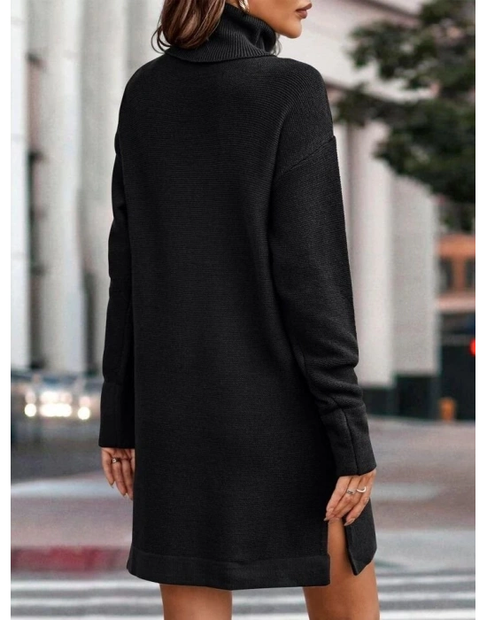 Kadın Uzun Kollu Boğazlı Yaka Yanları Yırtmaç Detay Triko Mini Boy Elbise