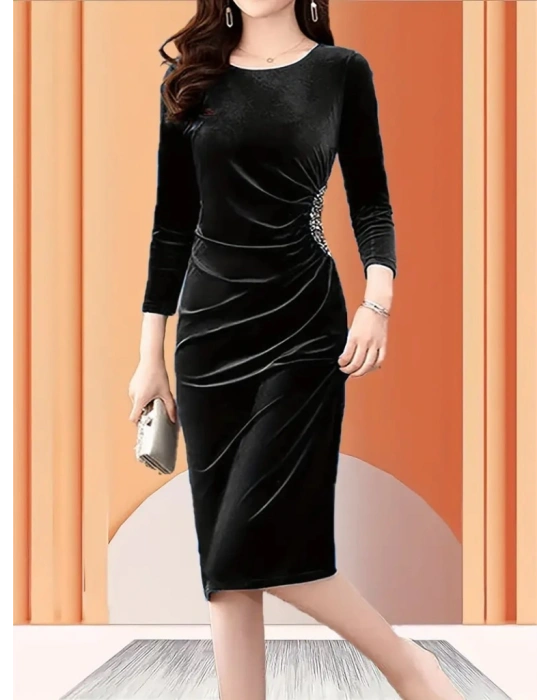 Kadın Uzun Kollu Bot Yaka Yanı Taş Detaylı Midi Kadife Elbise