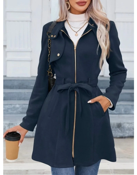 Kadın Uzun Kollu Boyundan Düğmeli Fermuarlı Beli Kuşaklı Süet Ceket