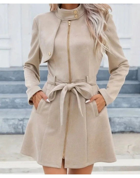 Kadın Uzun Kollu Boyundan Düğmeli Fermuarlı Beli Kuşaklı Süet Ceket