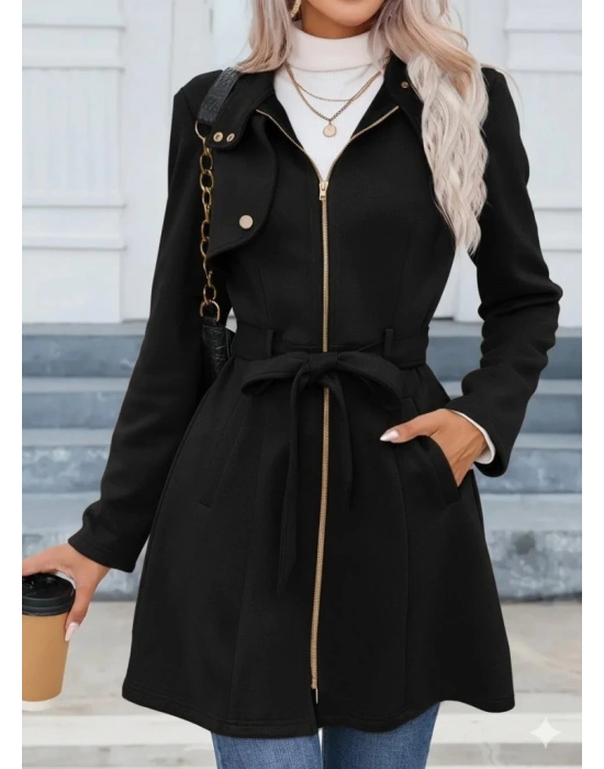 Kadın Uzun Kollu Boyundan Düğmeli Fermuarlı Beli Kuşaklı Süet Ceket