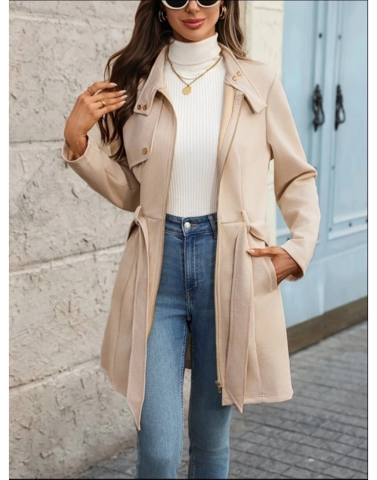 Kadın Uzun Kollu Boyundan Düğmeli Fermuarlı Beli Kuşaklı Süet Ceket