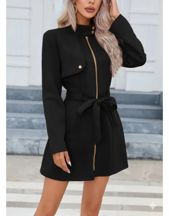 Kadın Uzun Kollu Boyundan Düğmeli Fermuarlı Beli Kuşaklı Süet Ceket