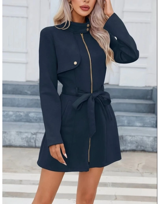 Kadın Uzun Kollu Boyundan Düğmeli Fermuarlı Beli Kuşaklı Süet Ceket