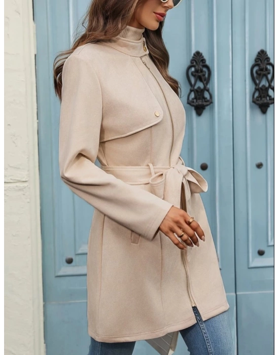 Kadın Uzun Kollu Boyundan Düğmeli Fermuarlı Beli Kuşaklı Süet Ceket