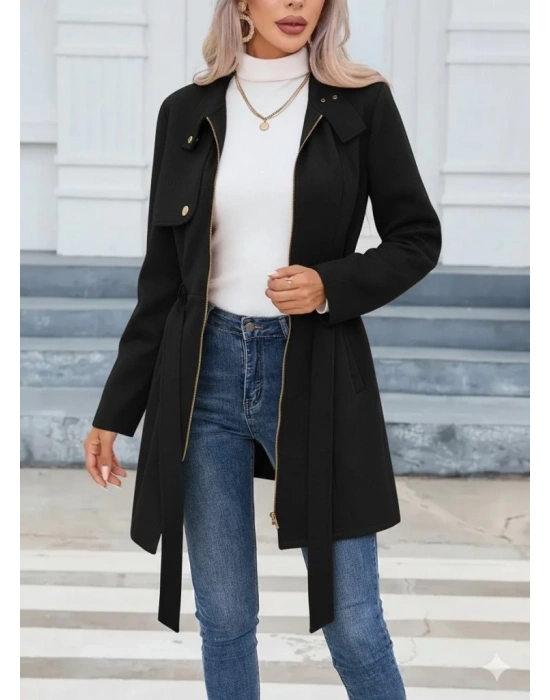 Kadın Uzun Kollu Boyundan Düğmeli Fermuarlı Beli Kuşaklı Süet Ceket