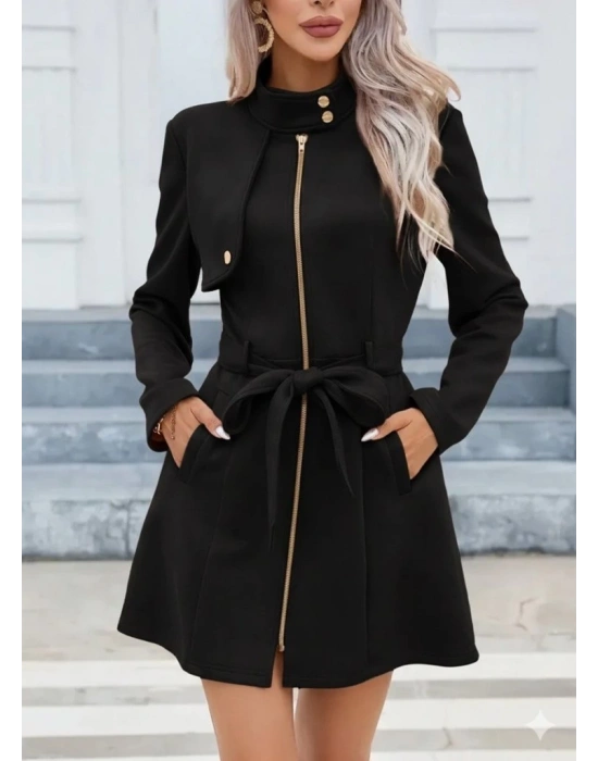 Kadın Uzun Kollu Boyundan Düğmeli Fermuarlı Beli Kuşaklı Süet Ceket