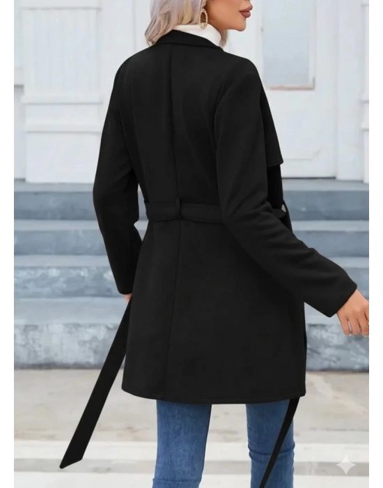 Kadın Uzun Kollu Boyundan Düğmeli Fermuarlı Beli Kuşaklı Süet Ceket