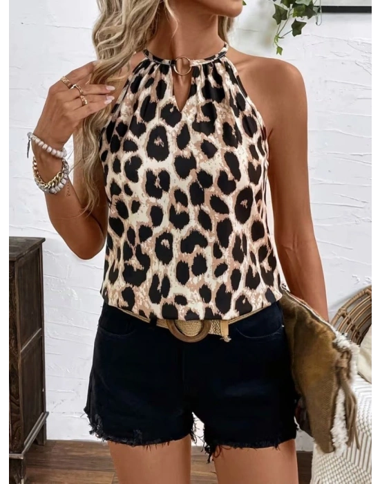 Kadın Uzun Kollu Boyundan Halka Detaylı Leopar Süprem Bluz