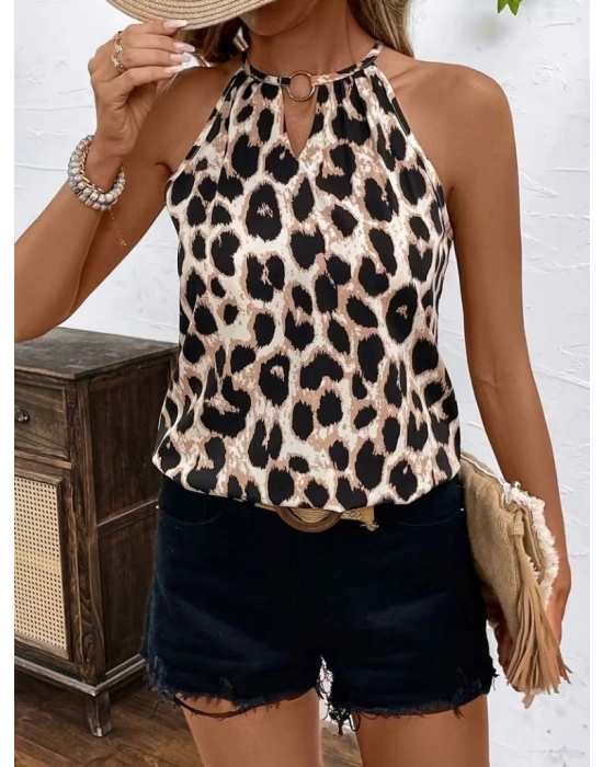 Kadın Uzun Kollu Boyundan Halka Detaylı Leopar Süprem Bluz