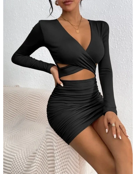 Kadın Uzun Kollu çapraz Dekolte Detaylı Mini Sandy Elbise