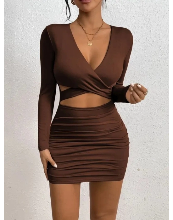 Kadın Uzun Kollu çapraz Dekolte Detaylı Mini Sandy Elbise