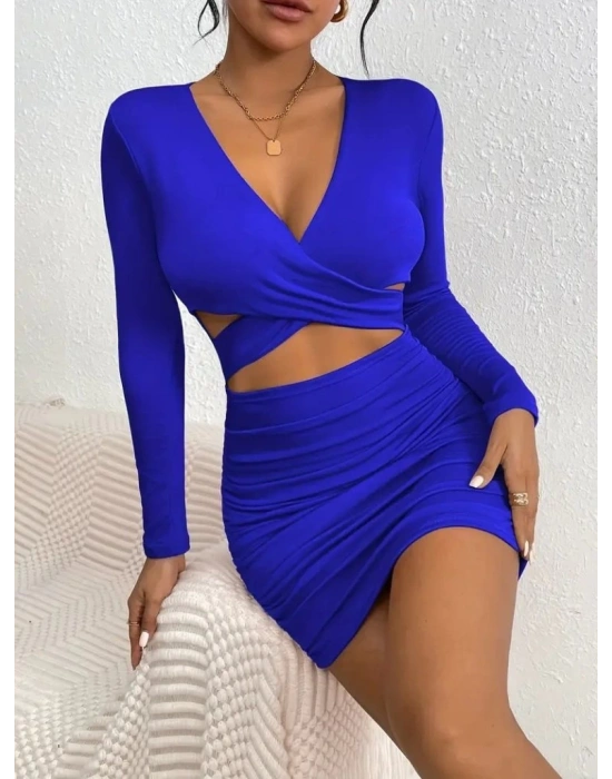 Kadın Uzun Kollu çapraz Dekolte Detaylı Mini Sandy Elbise