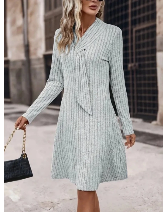 Kadın Uzun Kollu çapraz Geçmeli Kravat Yaka şardonlu Kaşkorse Kısa Elbise