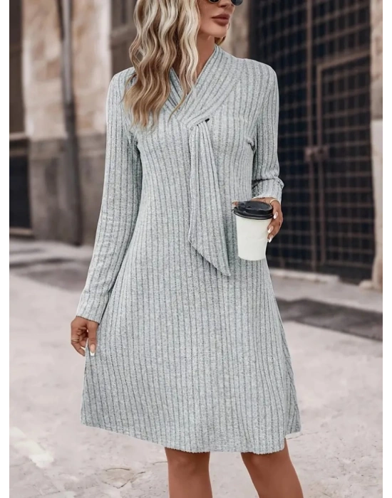 Kadın Uzun Kollu çapraz Geçmeli Kravat Yaka şardonlu Kaşkorse Kısa Elbise