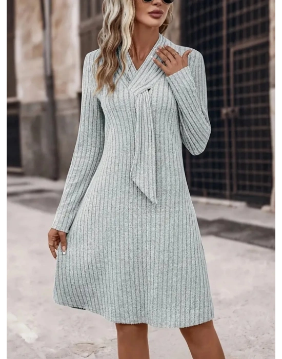 Kadın Uzun Kollu çapraz Geçmeli Kravat Yaka şardonlu Kaşkorse Kısa Elbise