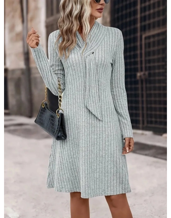 Kadın Uzun Kollu çapraz Geçmeli Kravat Yaka şardonlu Kaşkorse Kısa Elbise