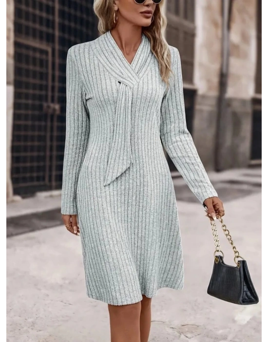 Kadın Uzun Kollu çapraz Geçmeli Kravat Yaka şardonlu Kaşkorse Kısa Elbise