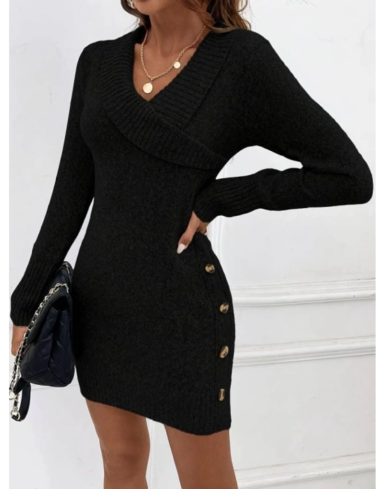 Kadın Uzun Kollu çapraz V Yakalı Yandan Düğmeli Kısa Triko Elbise