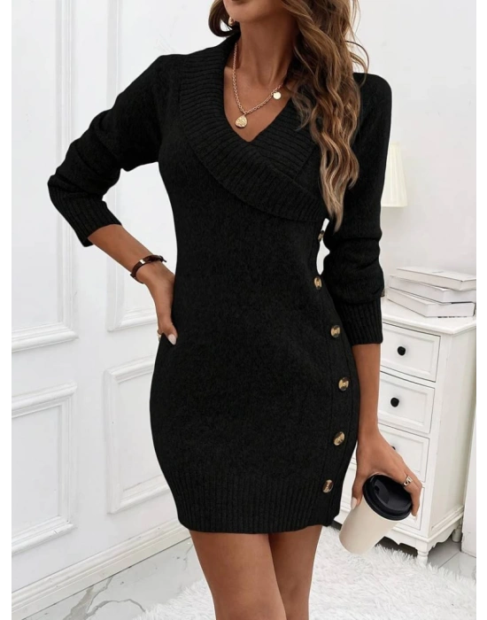 Kadın Uzun Kollu çapraz V Yakalı Yandan Düğmeli Kısa Triko Elbise