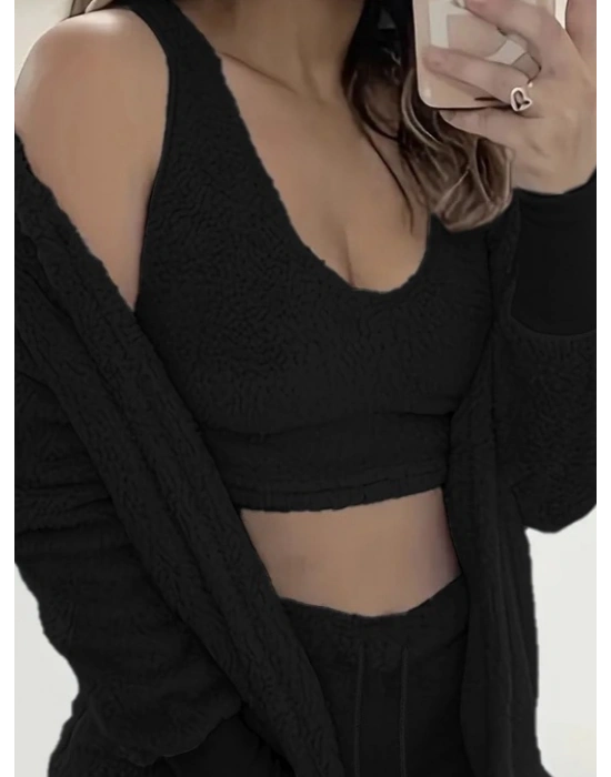 Kadın Uzun Kollu Ceket, Askılı Peluş Bluz Ve şort üçlü Takım