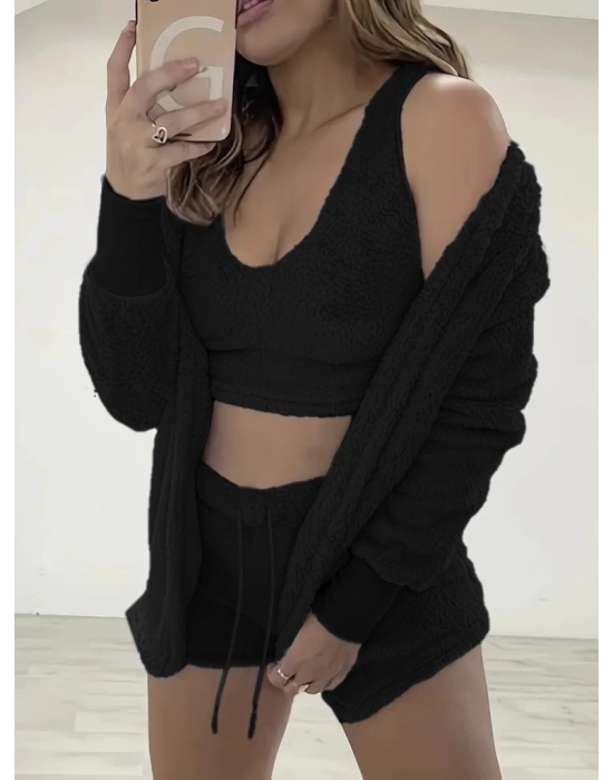 Kadın Uzun Kollu Ceket, Askılı Peluş Bluz Ve şort üçlü Takım