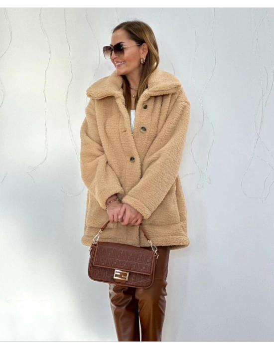 Kadın Uzun Kollu Cep Ve Düğme Detay Wellsof Kumaş Peluş Hırka