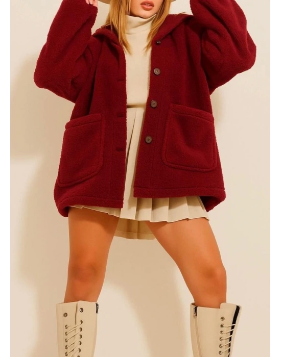 Kadın Uzun Kollu Cep Ve Düğme Detay Wellsof Kumaş Peluş Hırka