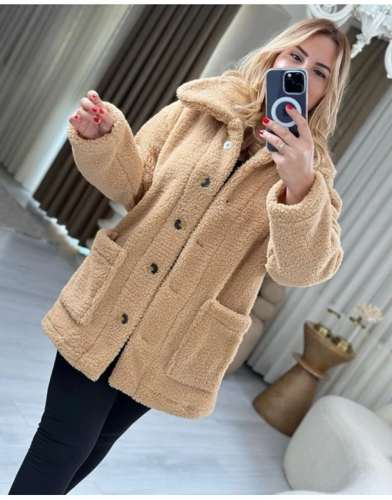 Kadın Uzun Kollu Cep Ve Düğme Detay Wellsof Kumaş Peluş Hırka