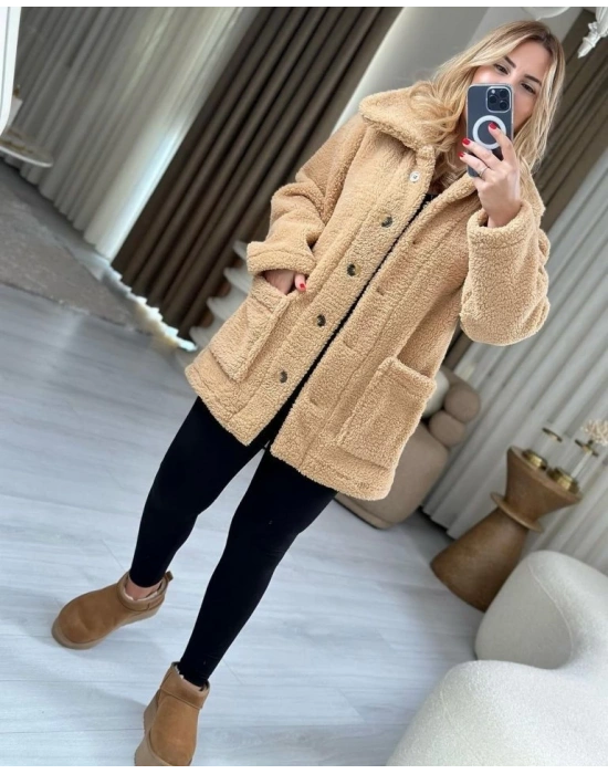 Kadın Uzun Kollu Cep Ve Düğme Detay Wellsof Kumaş Peluş Hırka