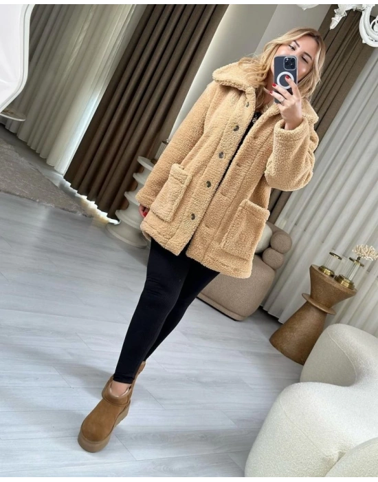 Kadın Uzun Kollu Cep Ve Düğme Detay Wellsof Kumaş Peluş Hırka