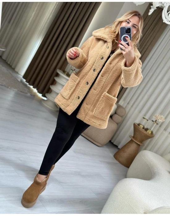 Kadın Uzun Kollu Cep Ve Düğme Detay Wellsof Kumaş Peluş Hırka