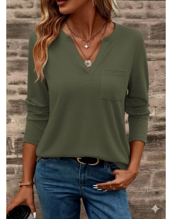 Kadın Uzun Kollu Cepli V Yakalı Viskon Iki Iplik Bluz