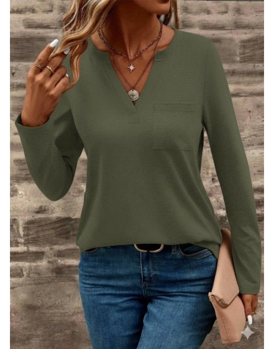 Kadın Uzun Kollu Cepli V Yakalı Viskon Iki Iplik Bluz