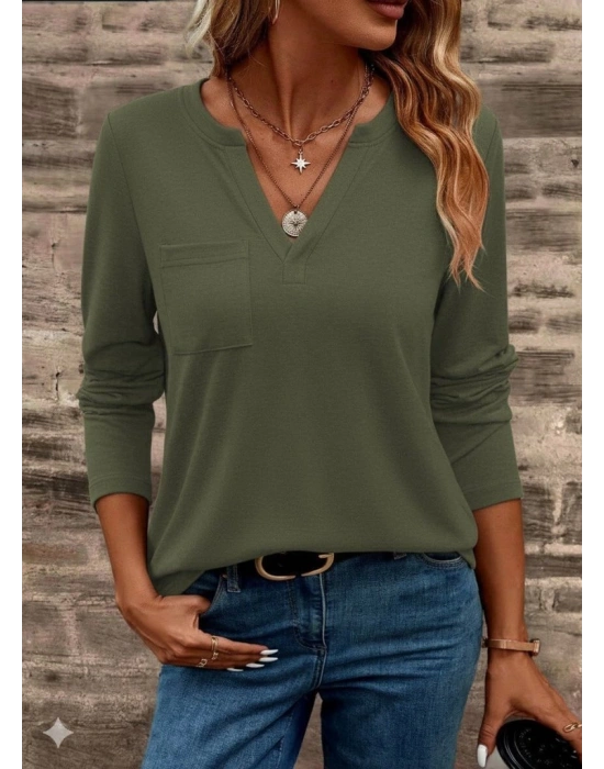 Kadın Uzun Kollu Cepli V Yakalı Viskon Iki Iplik Bluz