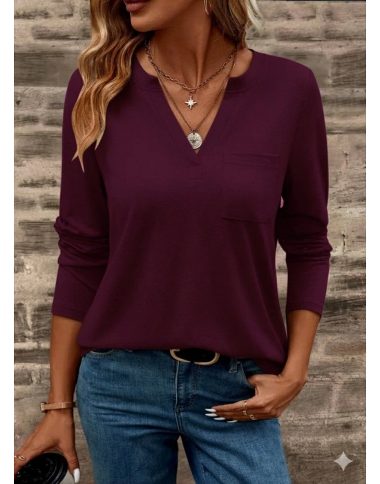 Kadın Uzun Kollu Cepli V Yakalı Viskon Iki Iplik Mürdüm Bluz