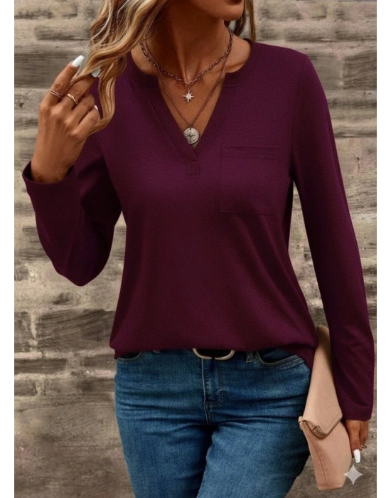 Kadın Uzun Kollu Cepli V Yakalı Viskon Iki Iplik Mürdüm Bluz