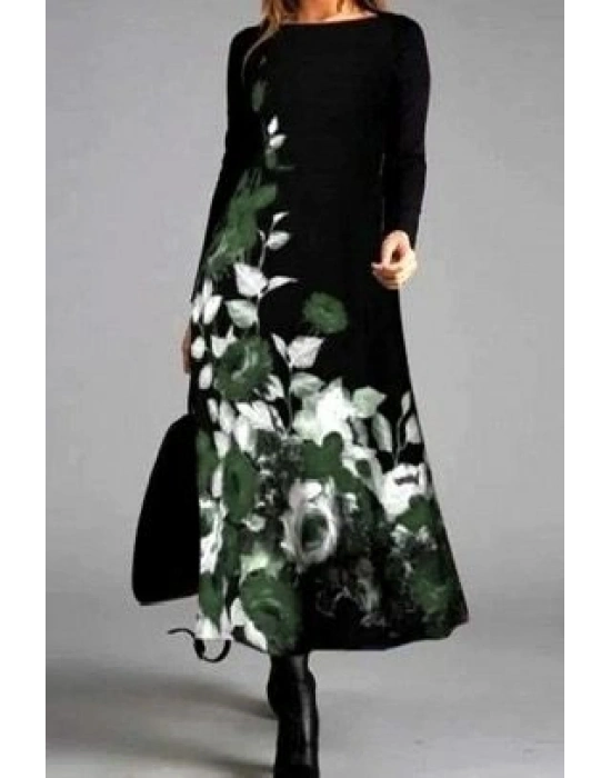 Kadın Uzun Kollu çiçek Baskılı Midi Mikro Elbise