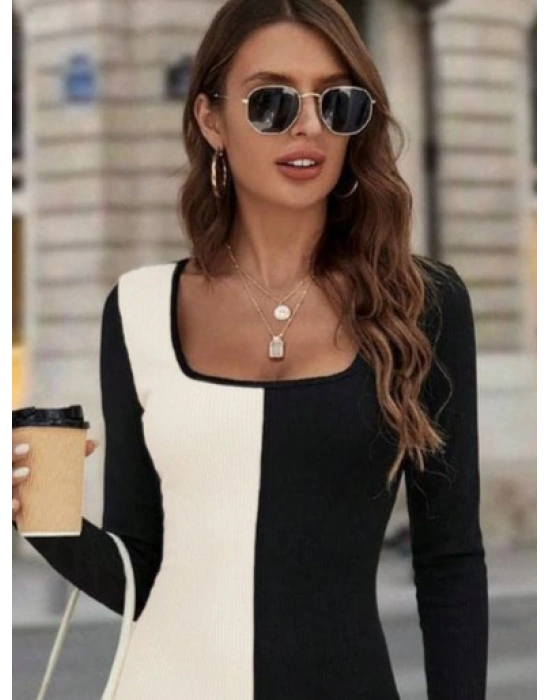 Kadın Uzun Kollu çift Renk Midi Boy Triko Elbise