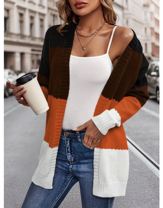 Kadın Uzun Kollu çift Renkli Uzun Triko Hırka