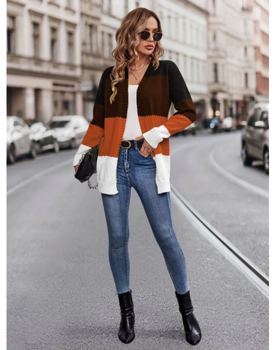 Kadın Uzun Kollu çift Renkli Uzun Triko Hırka