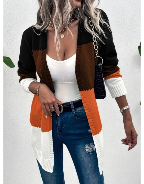 Kadın Uzun Kollu çift Renkli Uzun Triko Hırka