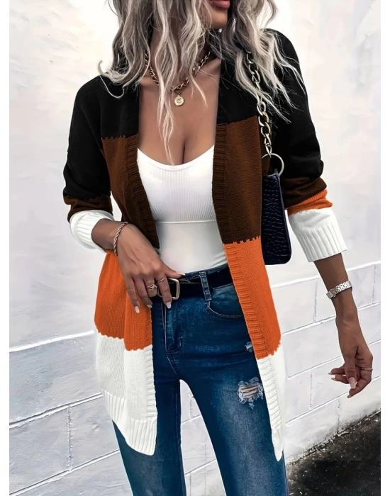 Kadın Uzun Kollu çift Renkli Uzun Triko Hırka