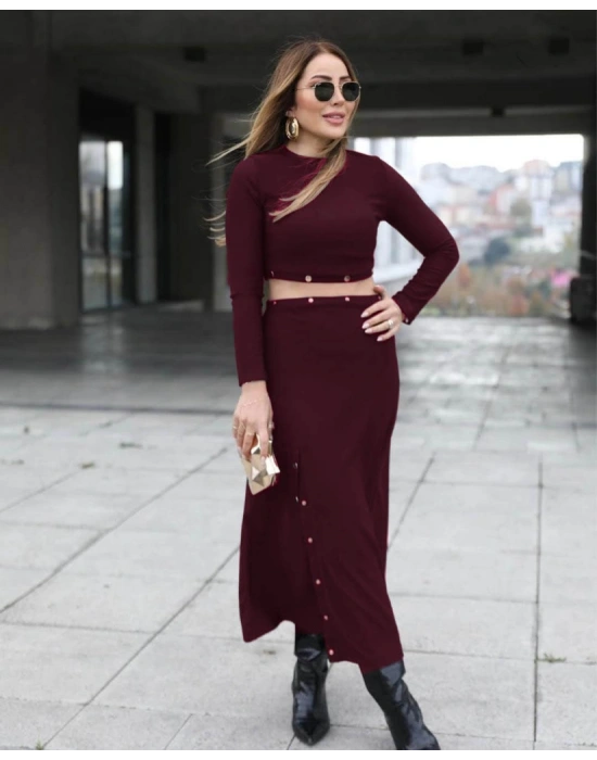 Kadın Uzun Kollu çıtçıtlı Viskon Krop Bluz Ve Yırtmaçlı Etek Istenildiğinde Elbise Olan Ikili Takım